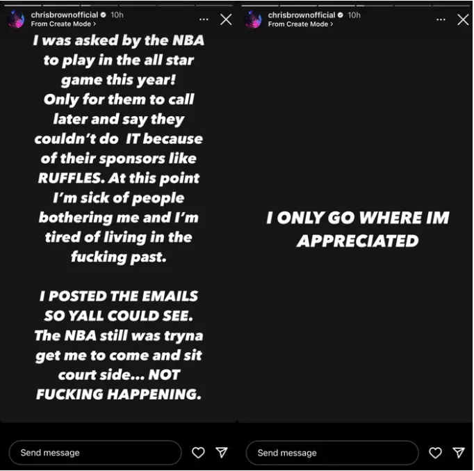 In an Instagram post, Chris Brown discusses his revoked invite to the NBA Celebrity All-Star Game.