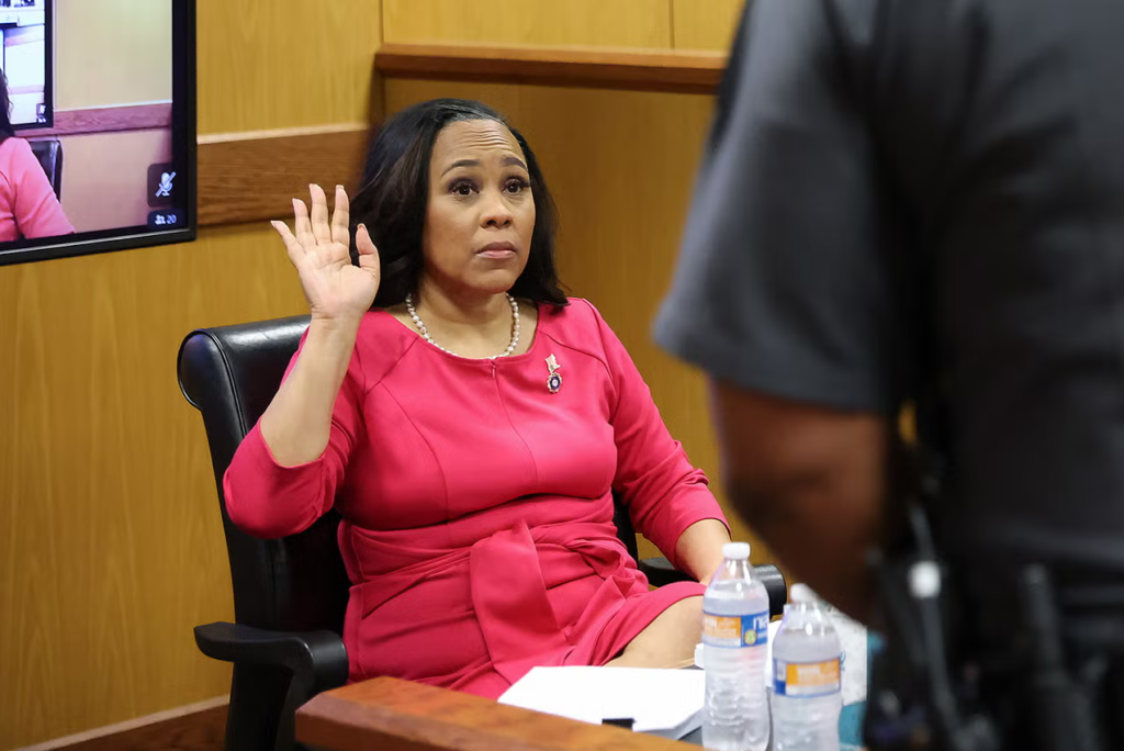 Fani Willis being sworn in to testify during a hearing in the case Georgia v. Trump in Atlanta.