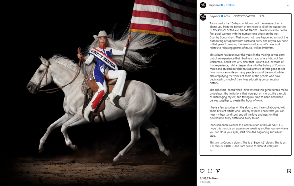 Beyoncé discusses her new album in an Instagram post.