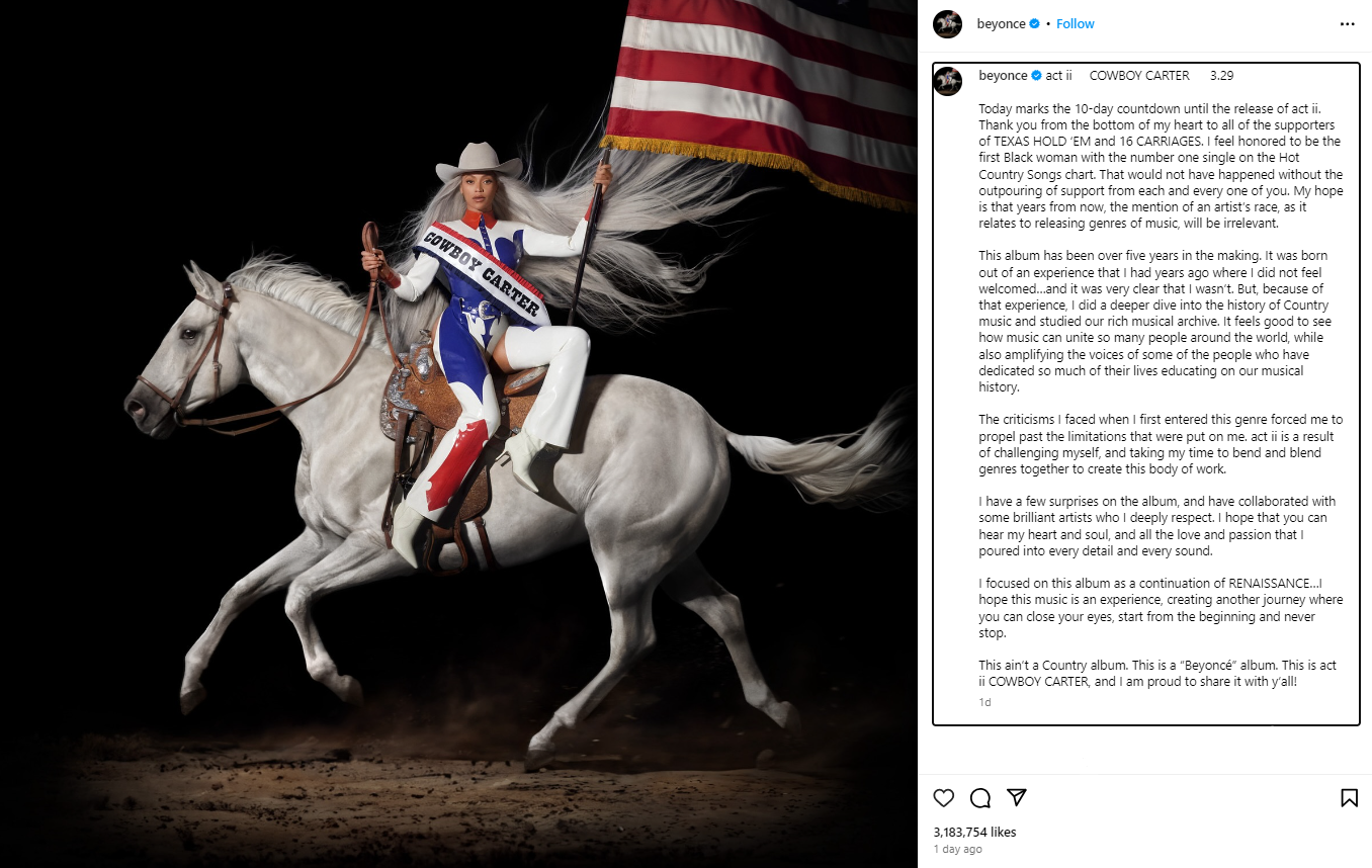 Beyoncé discusses her new album in an Instagram post.