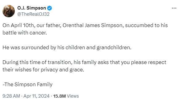 OJ Simpson's family posts a tweet about his death. Photo via X.com @TheRealOJ32