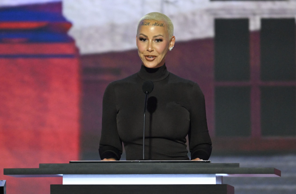 Amber Rose addresses the audience on the opening day of the 2024 Republican National Convention at the Fiserv Forum in Milwaukee, Wisconsin, on July 15, 2024. (Photo by Andrew Caballero-Reynolds/AFP via Getty Images)