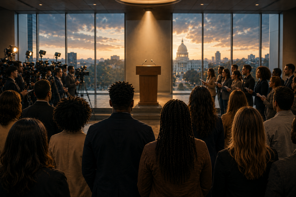Citizens and journalists gathered around an illuminated podium in a civic hall