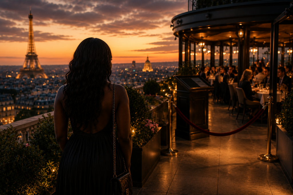 Woman standing on a rooftop terrace overlooking a luxury restaurant and city skyline
