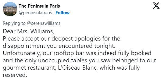 The Peninsula Paris Response to Serena Williams on X. Photo: X @peninsulaparis