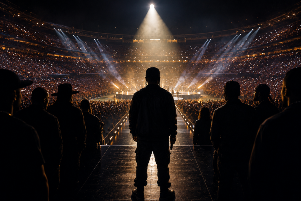 Performer standing beneath a spotlight in a football stadium surrounded by symbols of music legacy