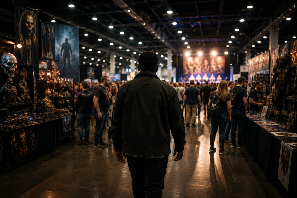 Man entering a convention hall filled with fans and entertainment exhibits