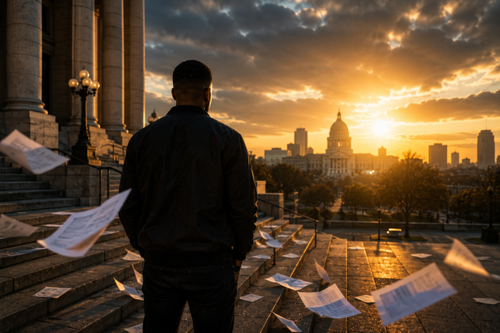 Man standing outside a courthouse at sunrise looking toward a government building