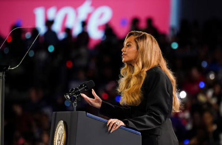 Beyoncé addresses the crowd at a campaign rally for Democratic presidential nominee and Vice President Kamala Harris in Houston on October 25, 2024. Photo by Kevin Lamarque/Reuters