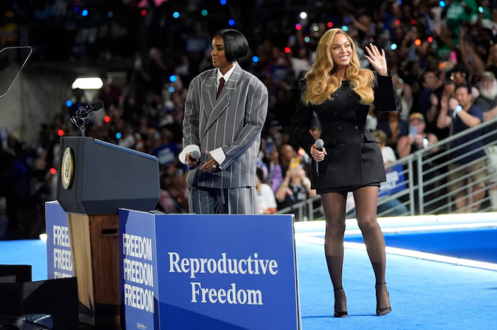 Beyoncé (right) and Kelly Rowland (left) perform on stage at a campaign event for Democratic presidential nominee and Vice President Kamala Harris in Houston on Friday, October 25, 2024. Photo by Susan Walsh/AP