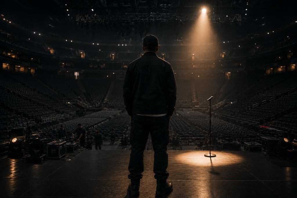 Man placing a microphone on an empty stage as sunlight enters an arena