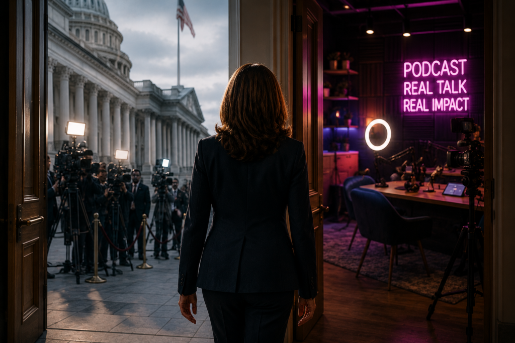 A diverse group of young adults viewed from behind listening to a podcast on their phones while sitting in a coffee shop, college campus lounge, and city park. Above them, a giant digital audio waveform stretches across the image. This focuses on the audience rather than the politician.