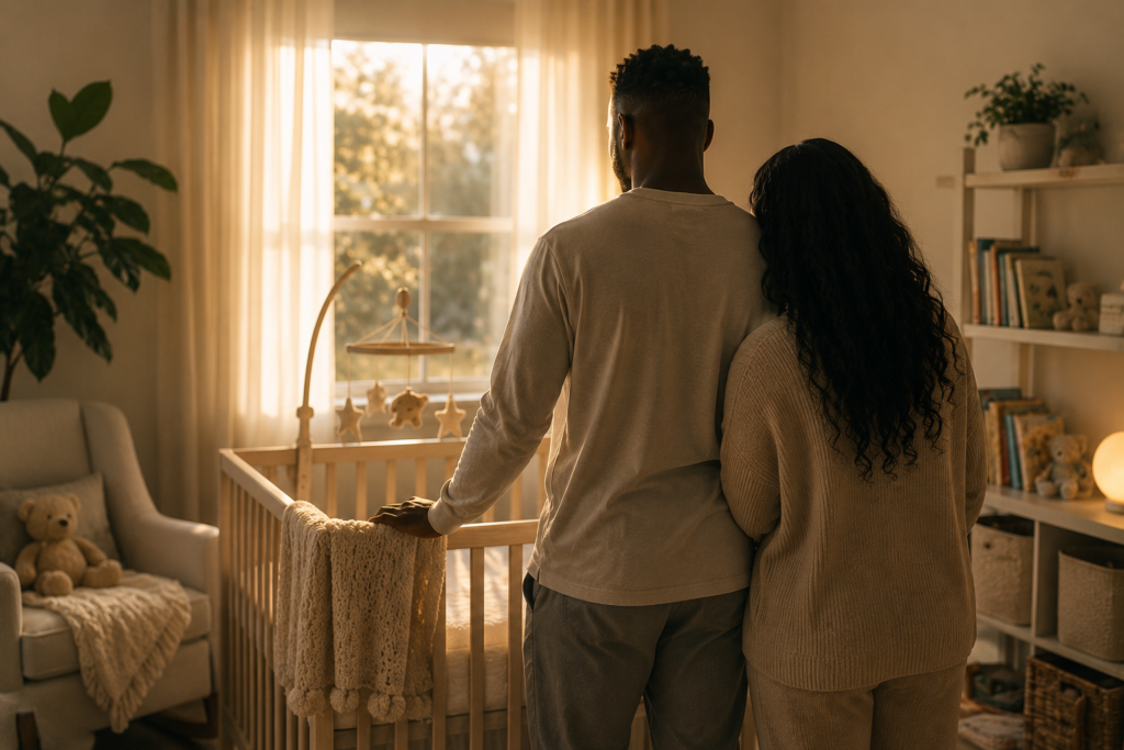 Couple standing together beside a baby crib in a sunlit nursery