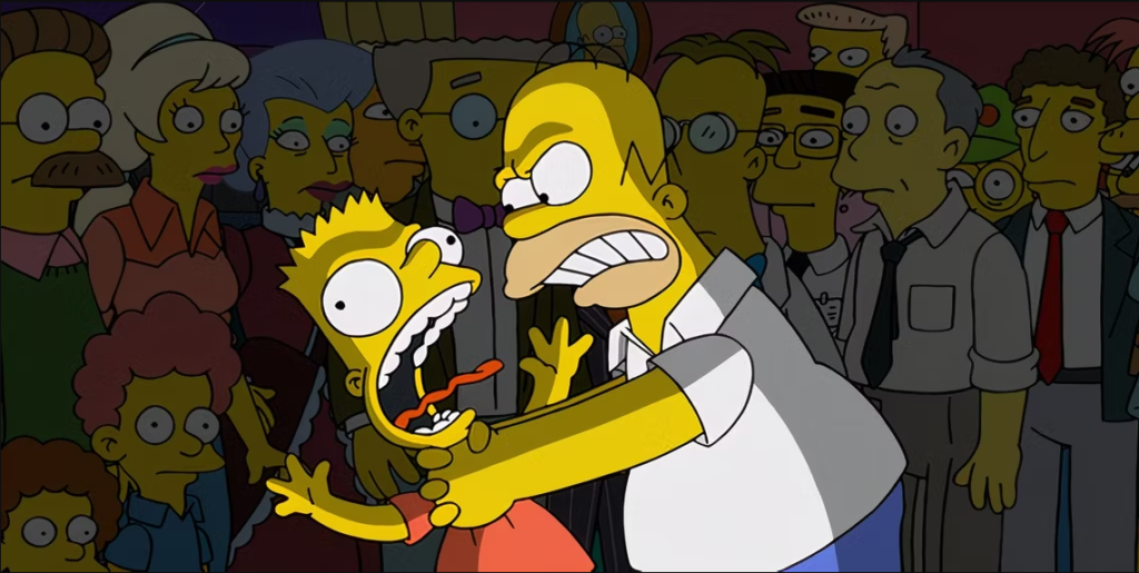 Homer comedically choking Bart