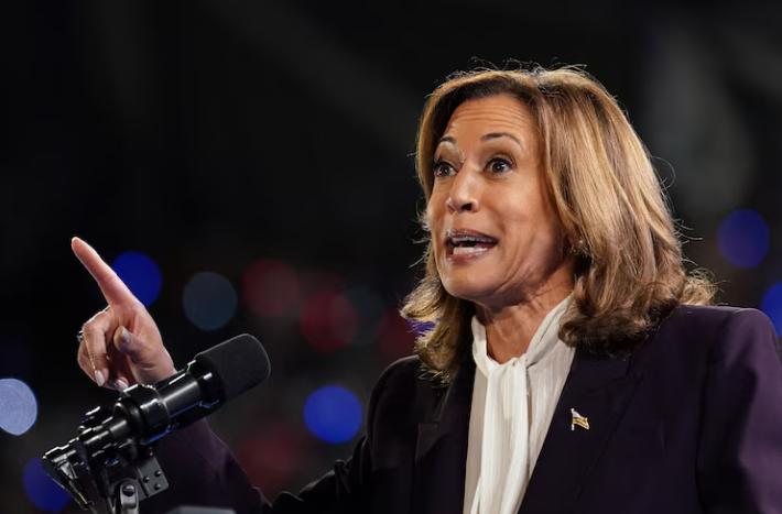Democratic presidential nominee and U.S. Vice President Kamala Harris delivers remarks at her campaign rally alongside singer Beyoncé in Houston on October 25, 2024. Photo by Kevin Lamarque/Reuters