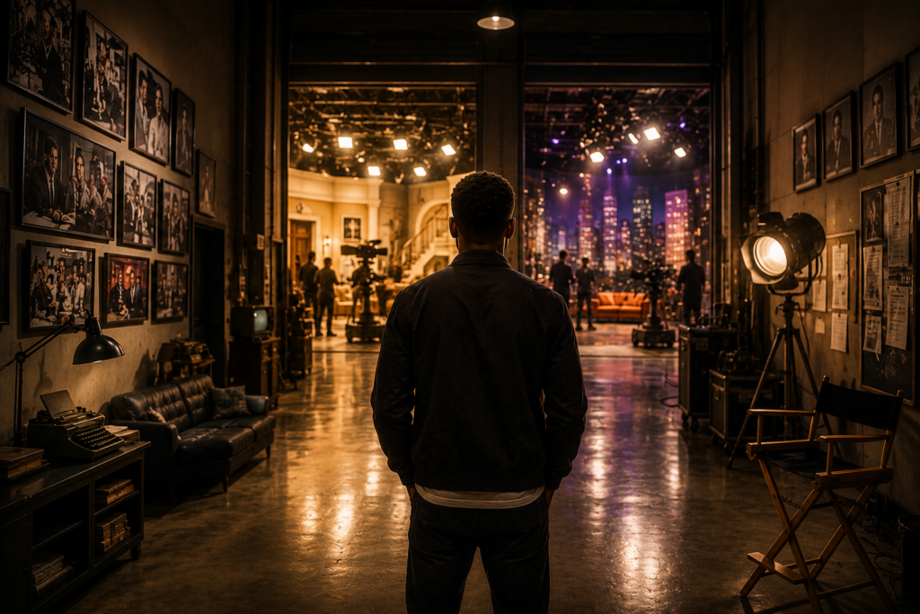 Man standing in a television studio hallway between two illuminated soundstages