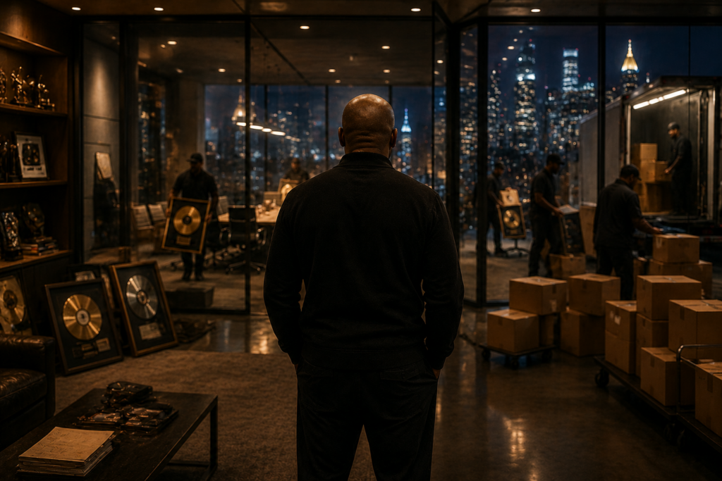 Businessman watching valuable music and business assets being removed from an office