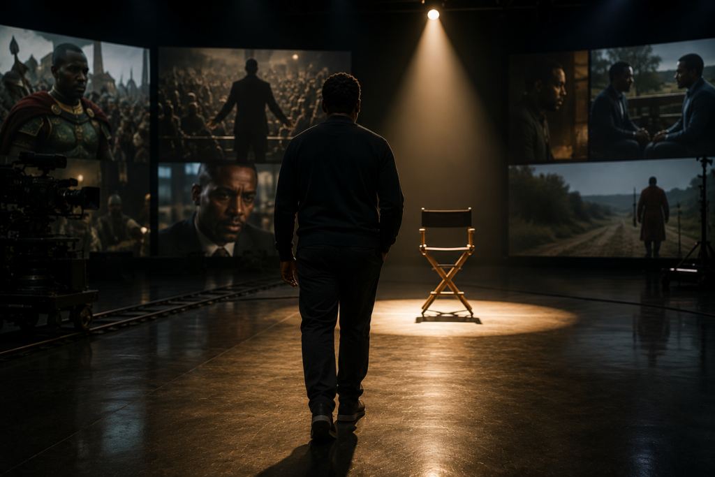 Man walking toward a director's chair on a movie studio soundstage
