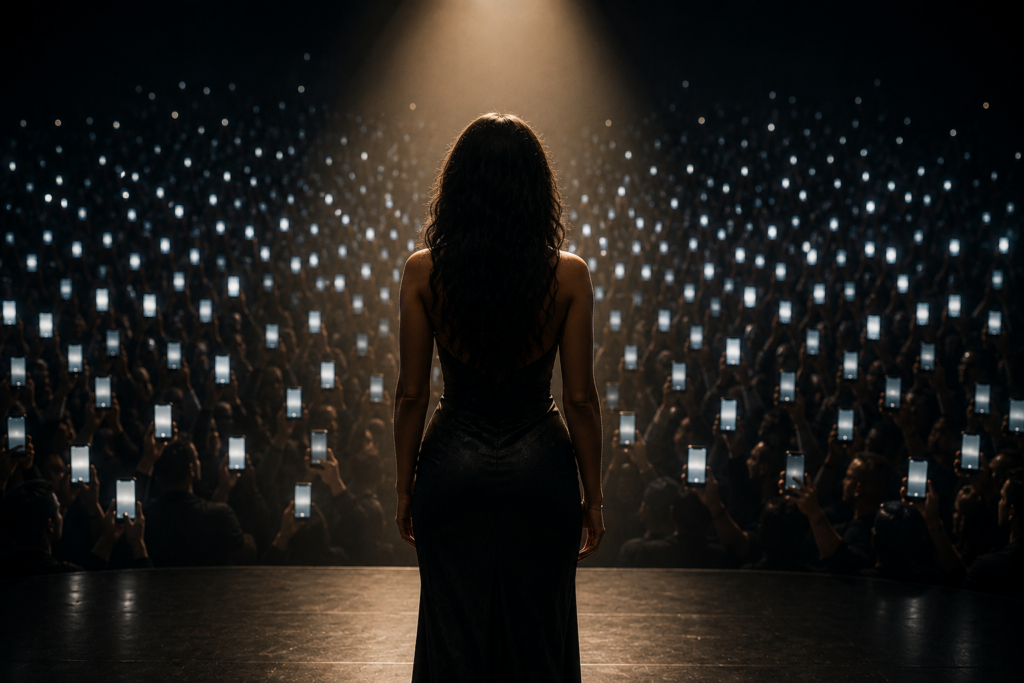Woman standing beneath a spotlight facing a sea of glowing smartphone screens