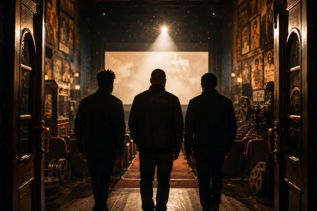 Three filmmakers walking toward a movie soundstage surrounded by classic film equipment