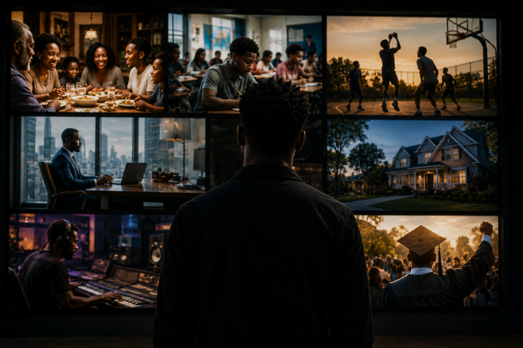 Man viewing multiple screens representing different Black experiences and lifestyles