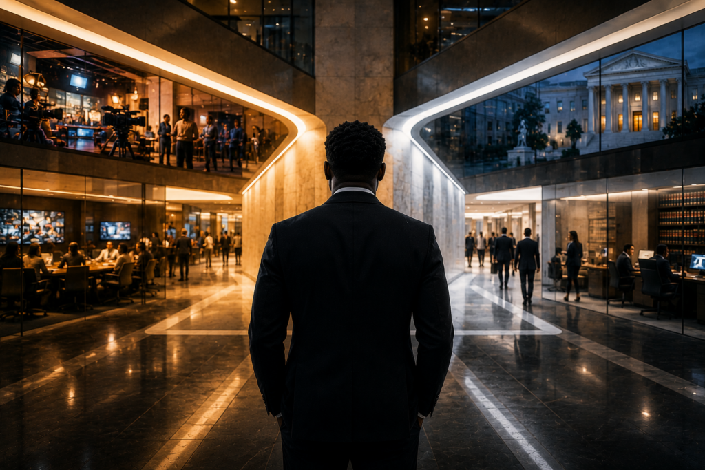 Businessman standing between corporate advertising opportunities and a legal dispute