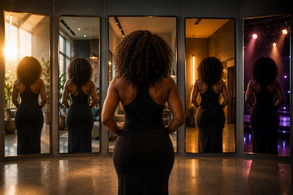 Woman standing confidently amid changing lighting conditions symbolizing self-acceptance and authenticity