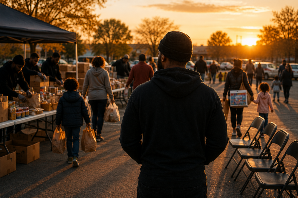 Community leader reflecting after a successful food giveaway event as families leave with supplies