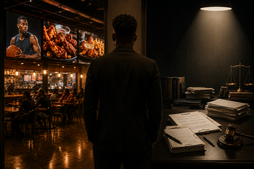 Businessman standing between a successful business operation and a legal contract dispute