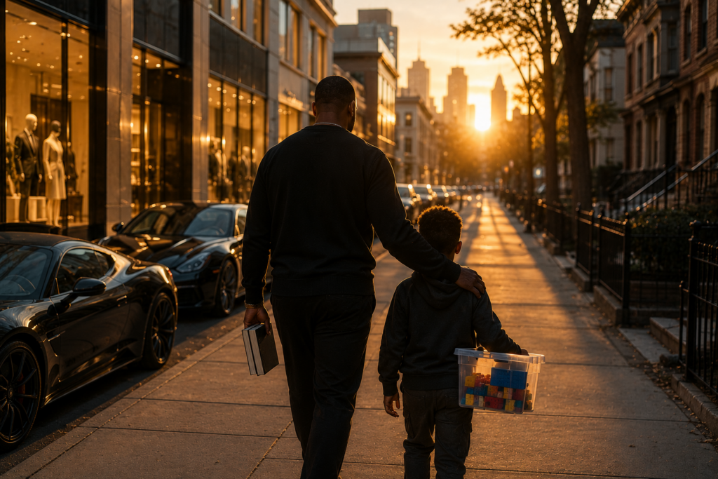 Father and son walking past luxury stores while carrying books and educational toys
