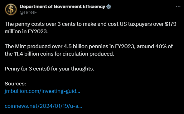 DOGE's take on the penny. Photo: https://x.com/DOGE