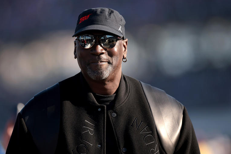 Michael Jordan, NBA legend and 23XI Racing co-owner, celebrates as Tyler Reddick clinches victory in the #45 Jordan Brand Toyota at Talladega on April 21, 2024. Photo: James Gilbert/Getty Images