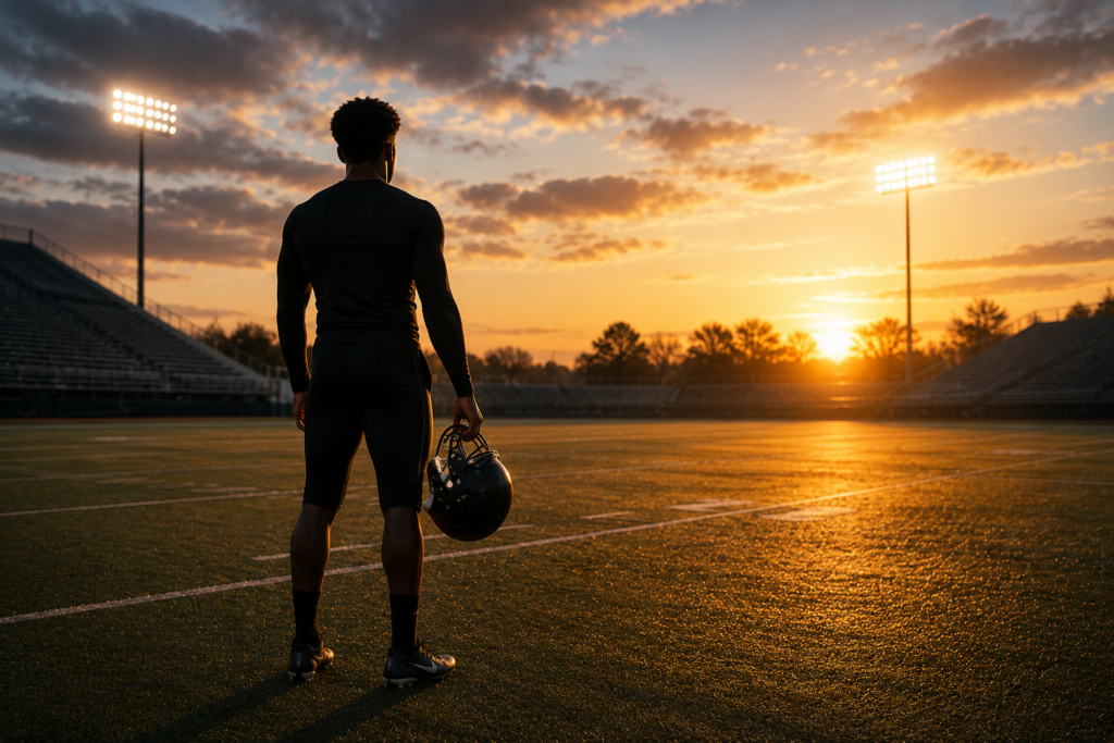 Football player standing alone on a field at dawn preparing for an opportunity to prove himself