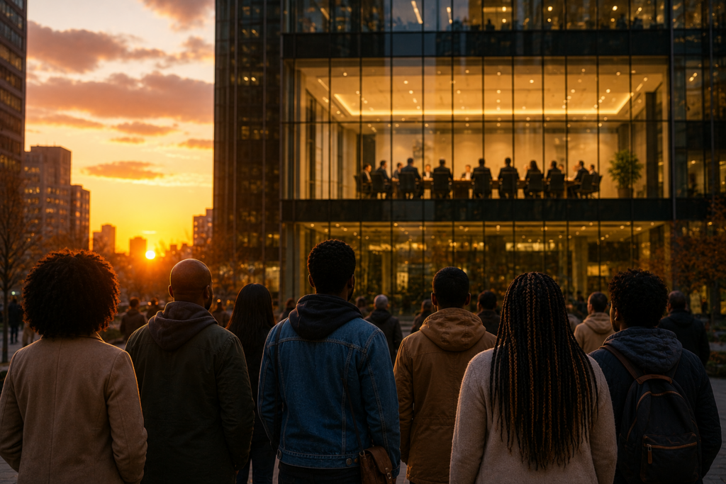Community members standing outside a corporate headquarters while executives meet inside