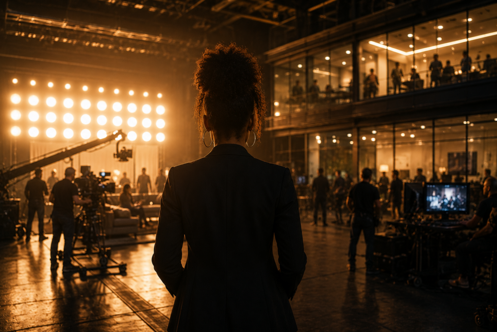 Young woman standing on a television studio set symbolizing leadership and success in entertainment