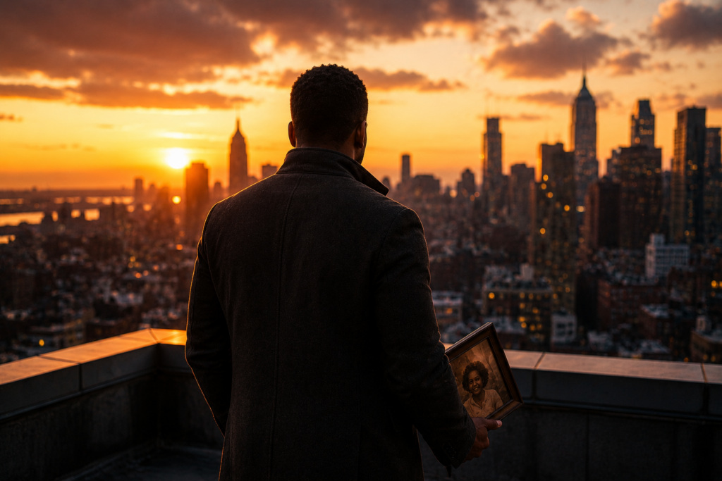 Black man standing on a rooftop at sunset holding a framed photograph while overlooking a city skyline