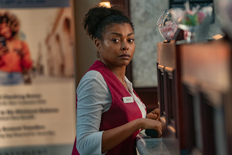 Taraji P. Henson as Janiyah, a mother pushed to the edge, in a tense moment from Tyler Perry’s new Netflix thriller Straw. Photo: Netflix