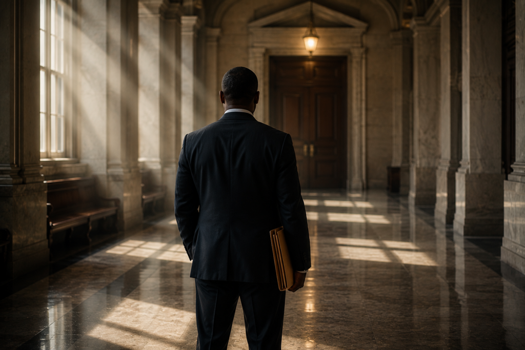 Man standing alone in a courthouse hallway after a final legal ruling