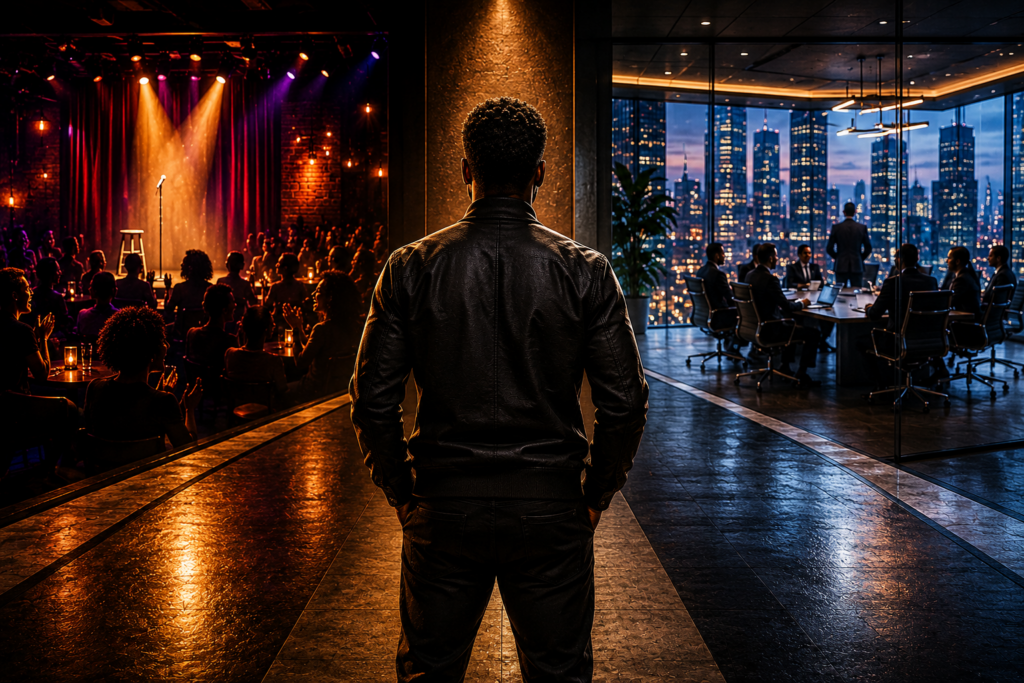 Black entrepreneur standing between a comedy club and a corporate boardroom, symbolizing the journey from entertainer to business mogul