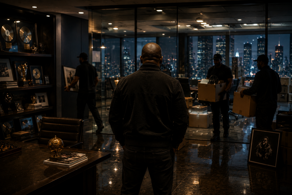 Business owner watching valuable assets and achievements being removed from an office