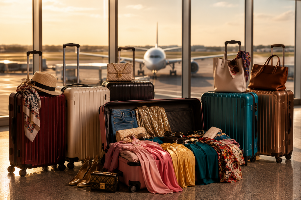 Stylish luggage and travel outfits arranged inside an airport terminal before departure