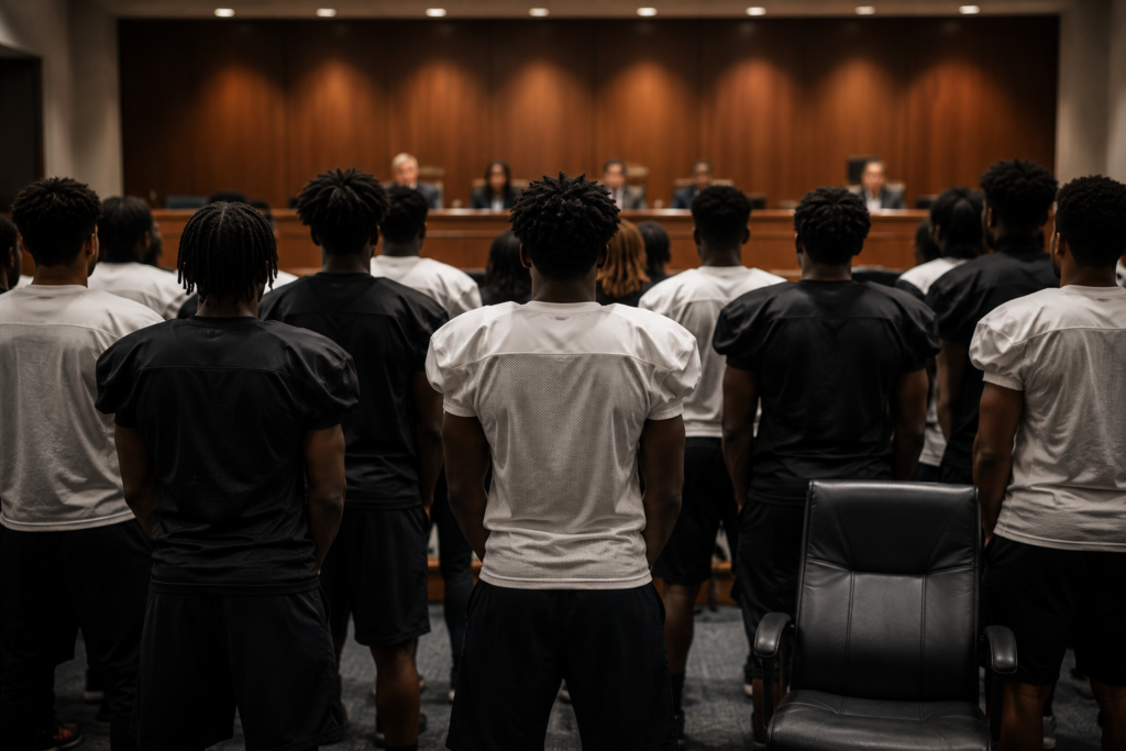 High school football players standing before a school board meeting in support of a respected coach