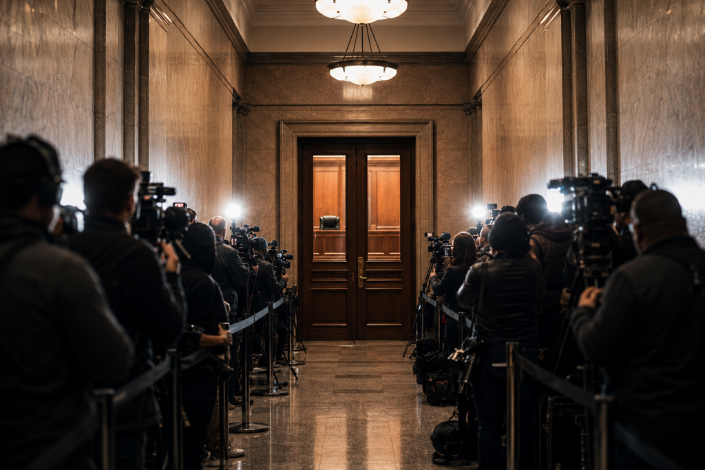 Reporters waiting outside a closed courtroom during a delayed high-profile legal case