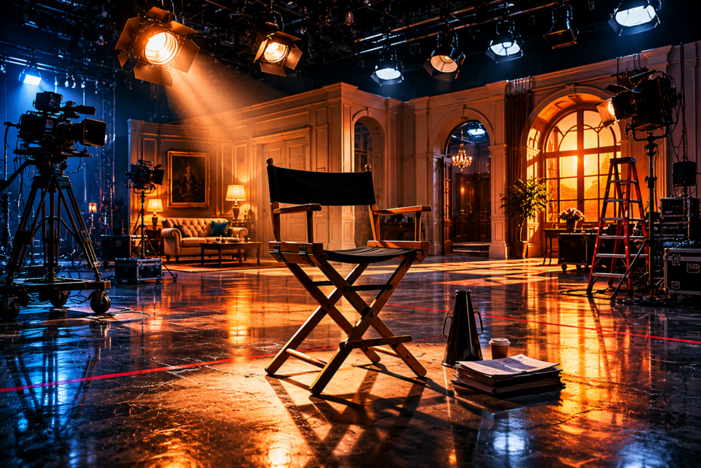 Empty director's chair on a television production set after filming has ended
