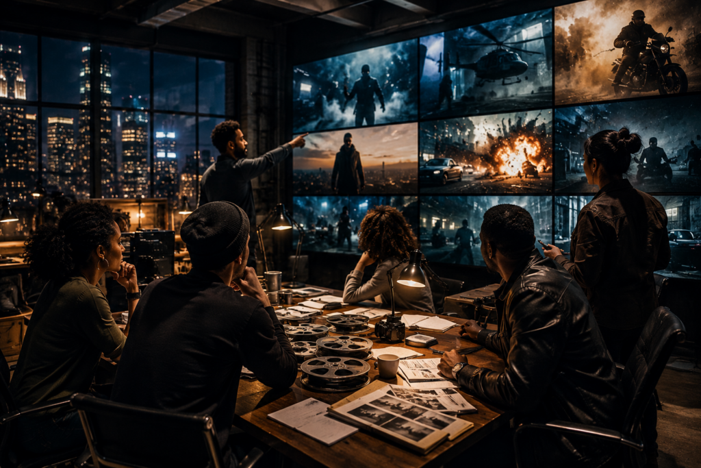 Group of entertainment professionals gathered in a media studio reviewing action content across multiple screens