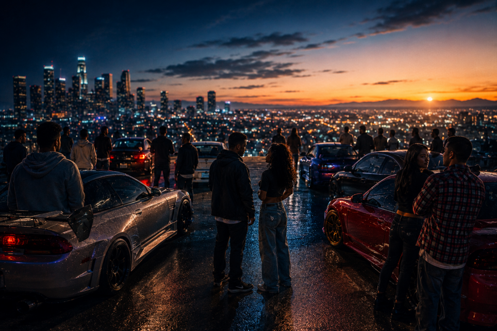 Group of car enthusiasts gathered around performance vehicles during a symbolic farewell gathering