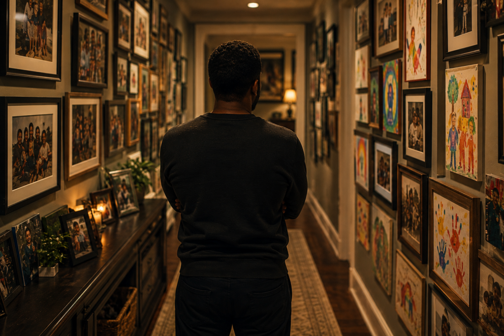 Father standing in a hallway filled with family photos and children's artwork