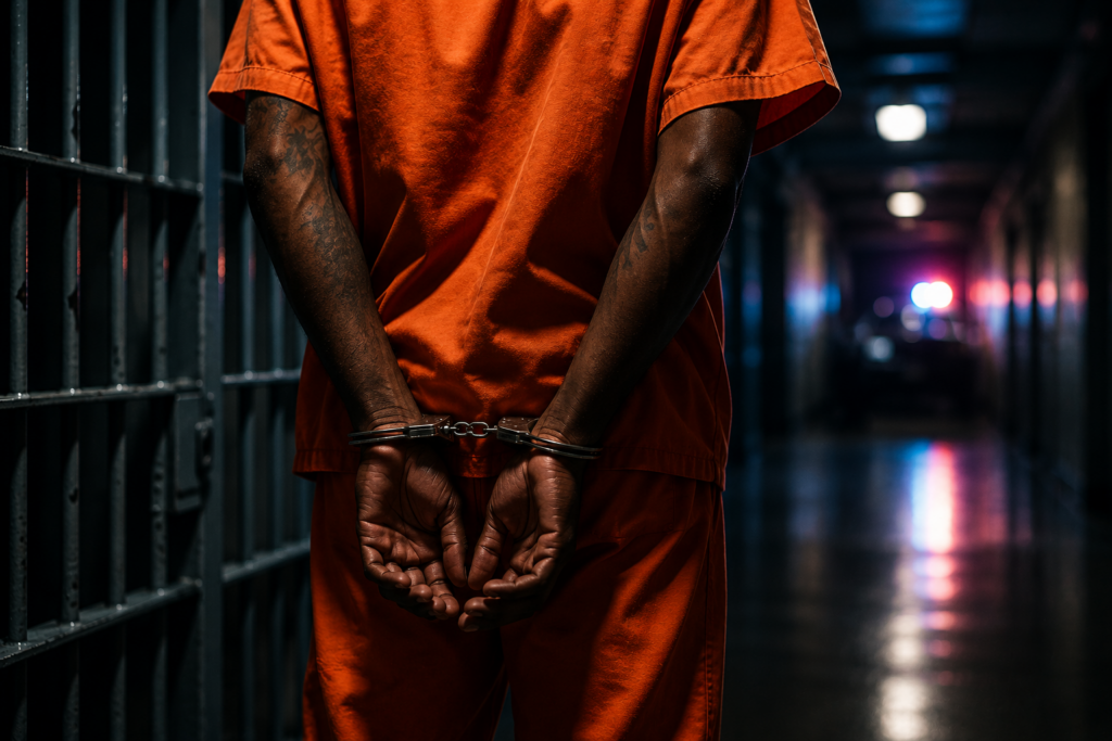 Man in an orange jumpsuit standing in handcuffs inside a detention facility corridor