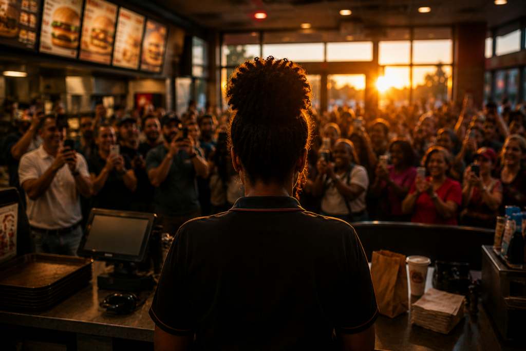 Black woman viewed from behind standing before a crowd of supporters