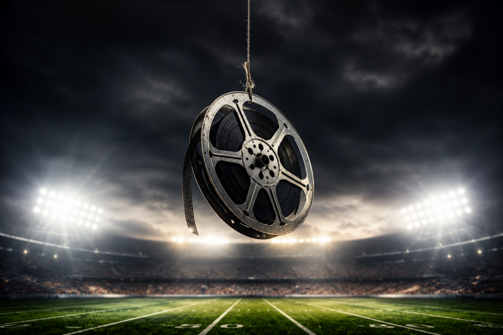 Film reel hanging by a thread above a football stadium under bright stadium lights at night